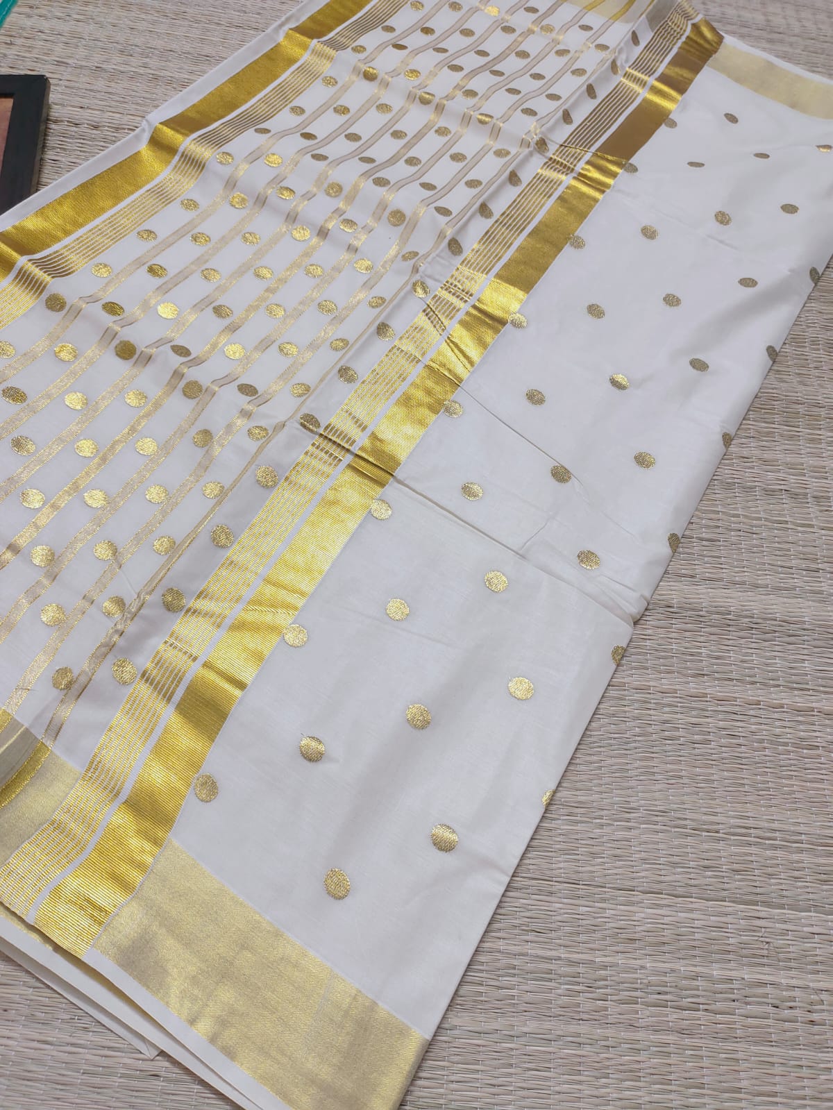 Classic Kerala Kasavu Cotton Saree With Polka Embroidery–  Festive Wear