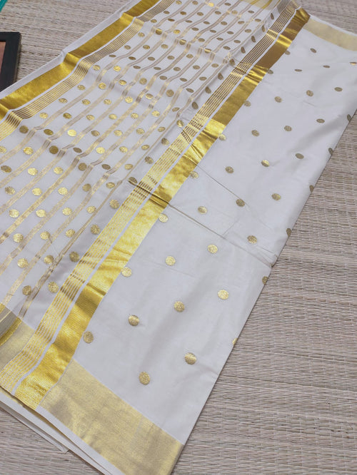 Classic Kerala Kasavu Cotton Saree With Polka Embroidery–  Festive Wear