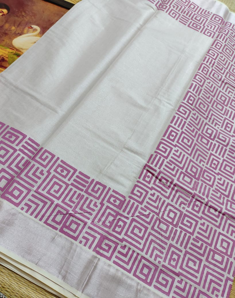 Designer Kerala Rose Gold Saree with Block Print