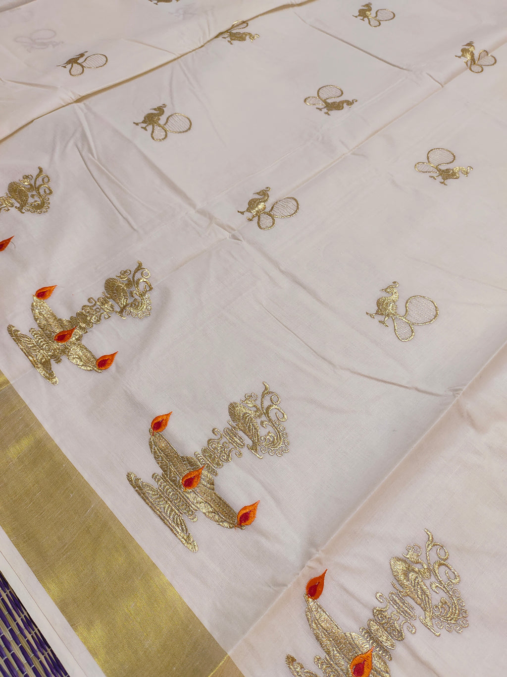 Premium Kerala Cotton Kasavu Saree With Embroidery