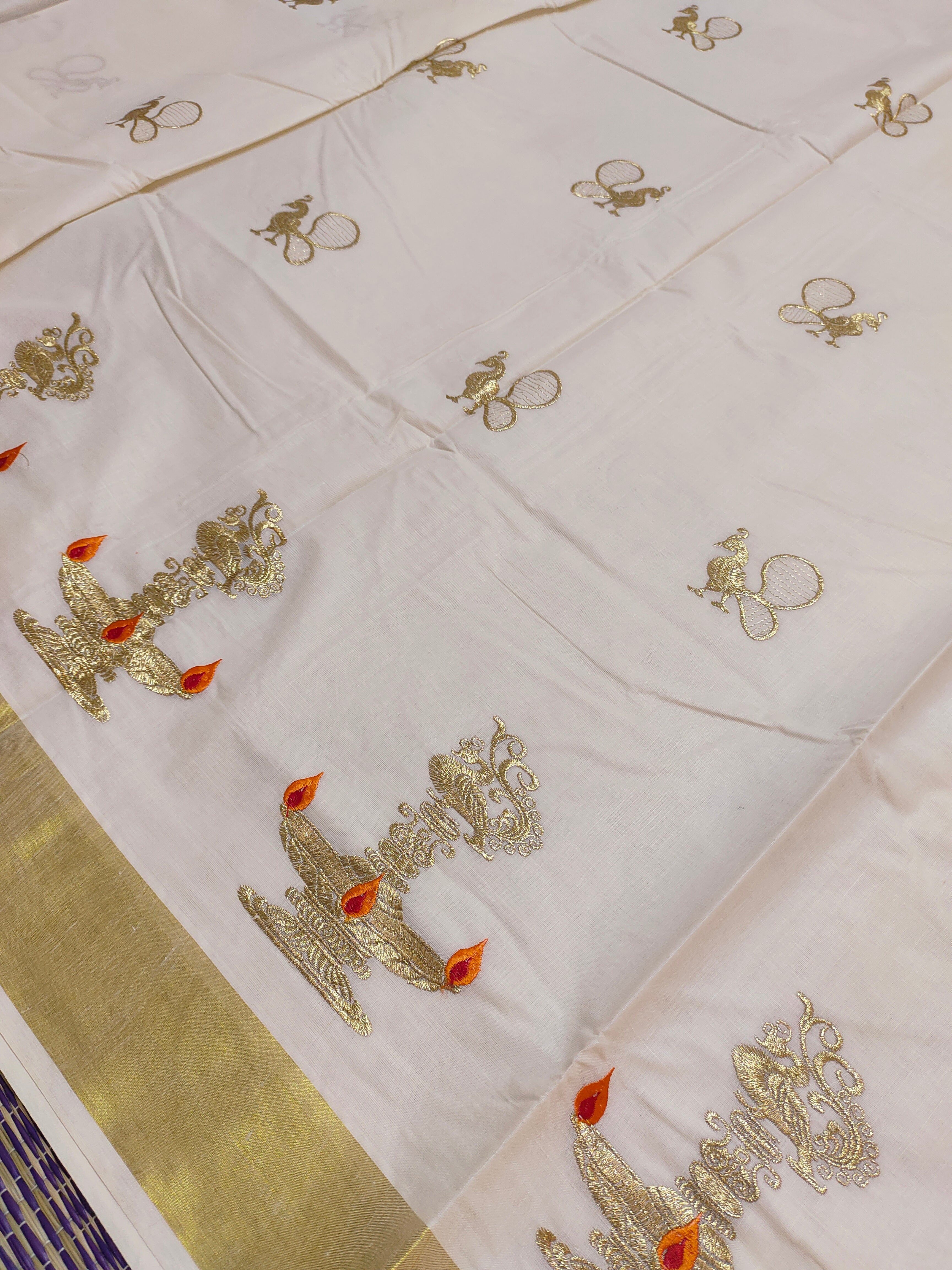 Premium Kerala Cotton Kasavu Saree With Embroidery