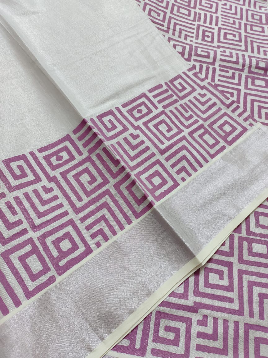 Designer Kerala Rose Gold Saree with Block Print