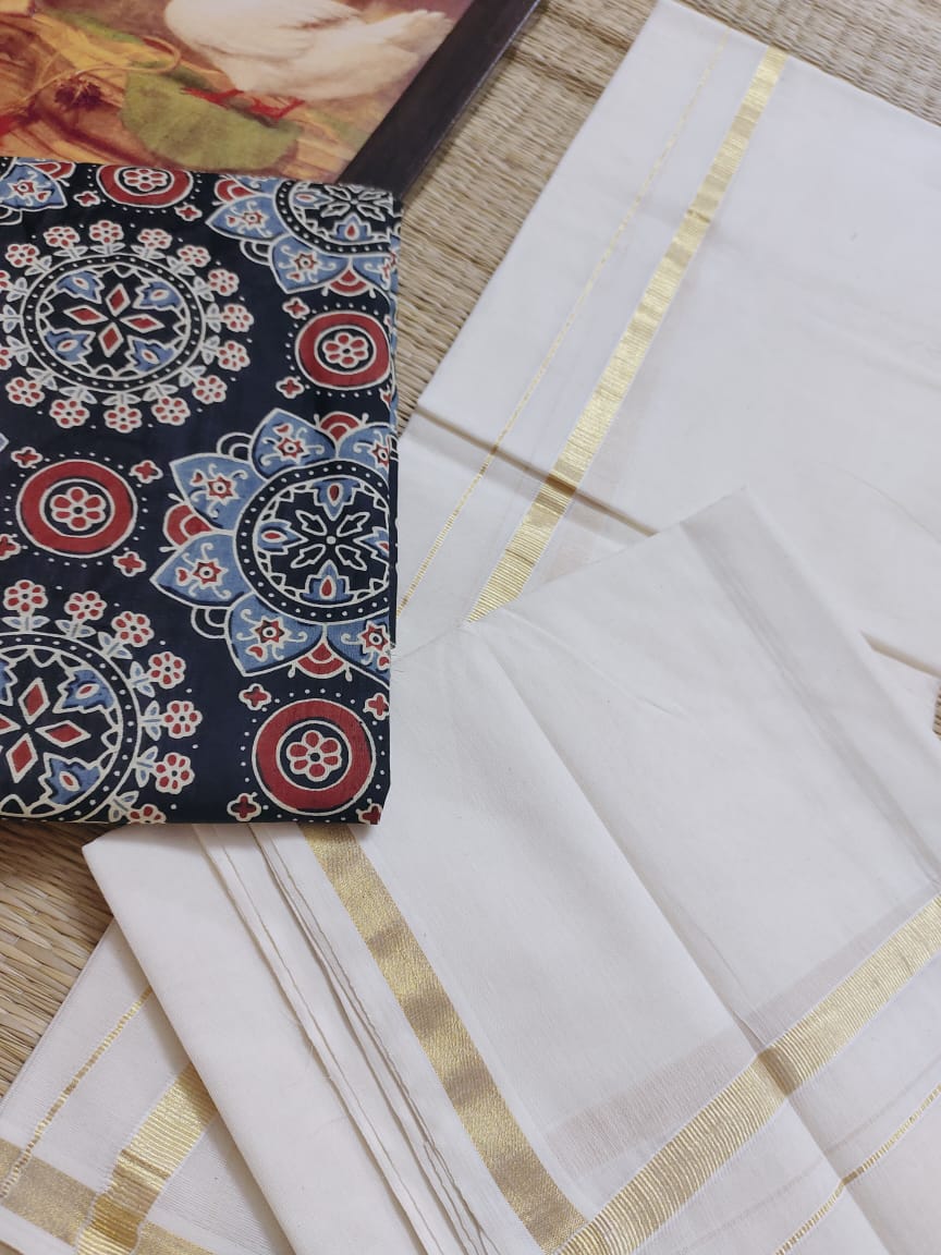 Original Kuthampully Golden Premium Puliyilakara Kasavu Settu Mundu with Ajrak Blouse
