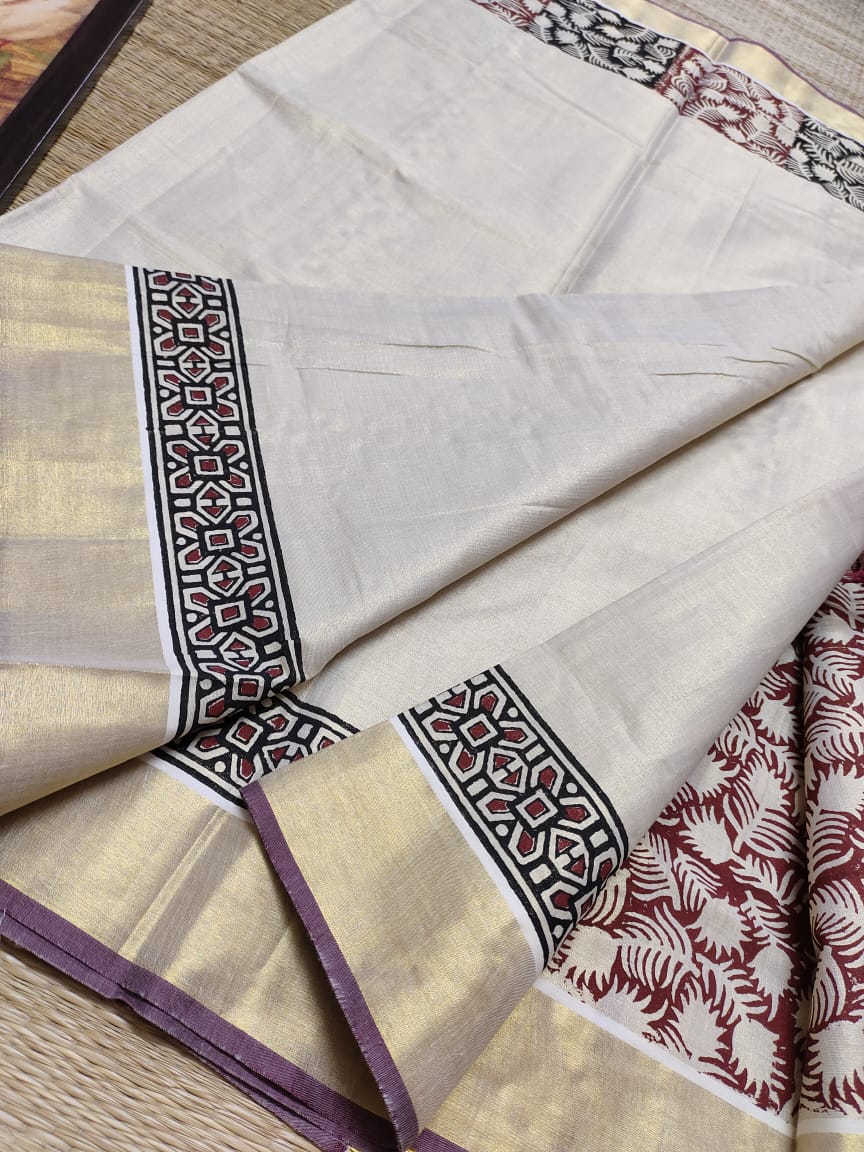 Premium Kerala Kasavu Sarees with Artistic Block Prints