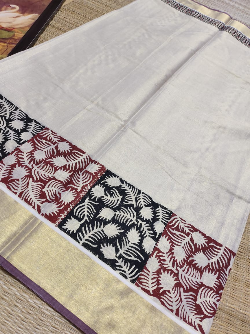 Premium Kerala Kasavu Sarees with Artistic Block Prints