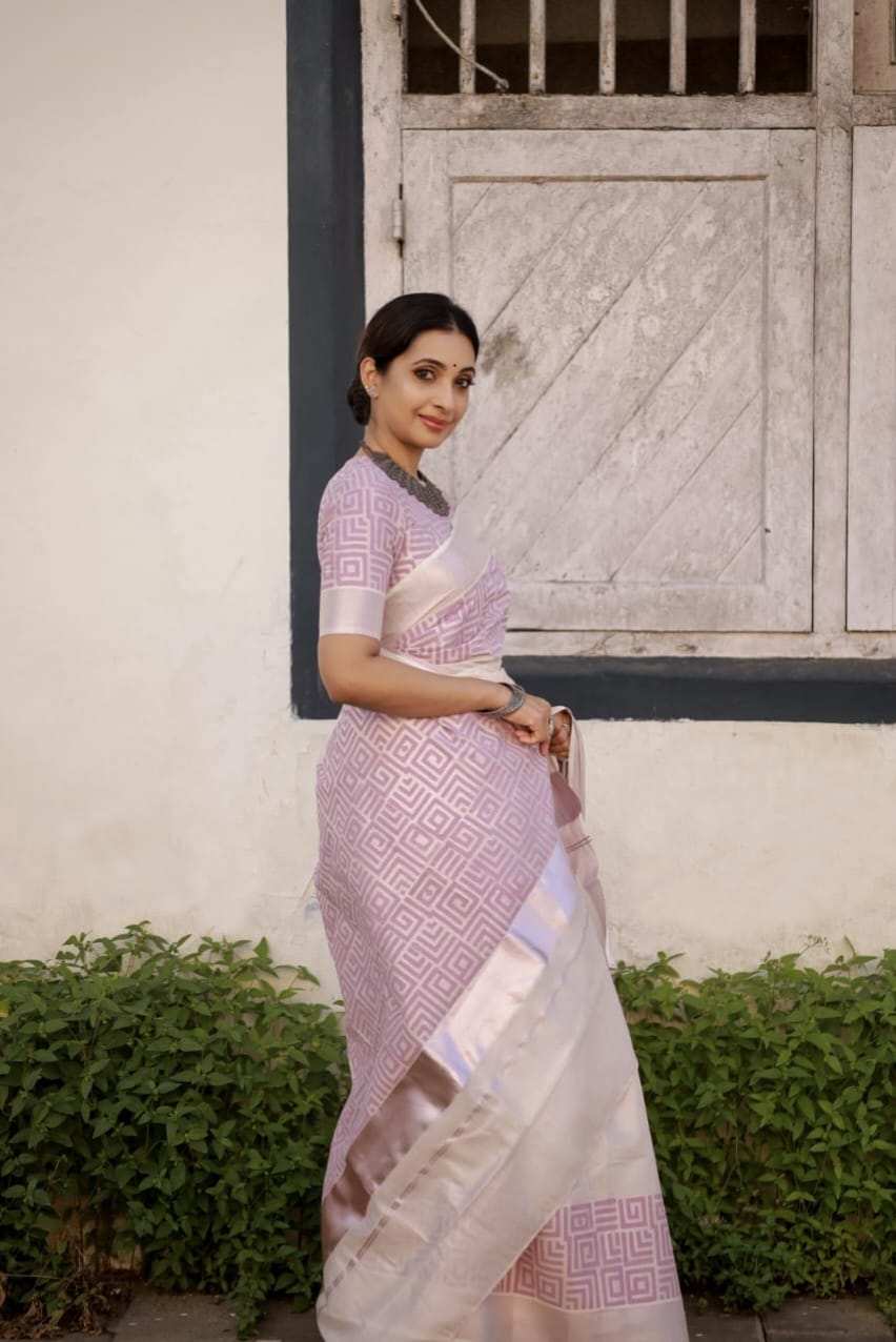 Designer Kerala Rose Gold Saree with Block Print
