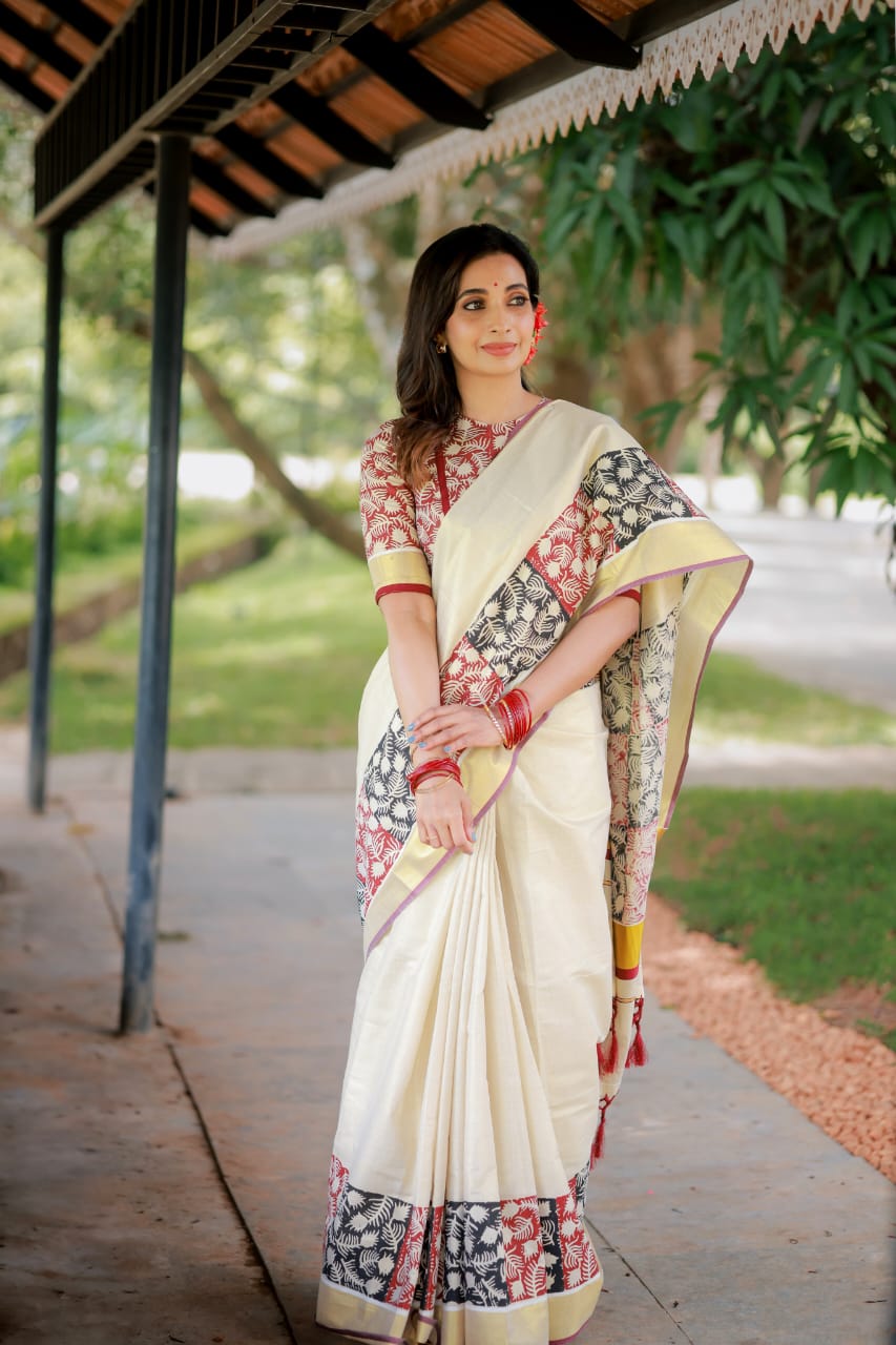 Premium Kerala Kasavu Sarees with Artistic Block Prints