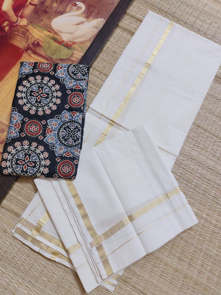 Original Kuthampully Golden Premium Puliyilakara Kasavu Settu Mundu with Ajrak Blouse