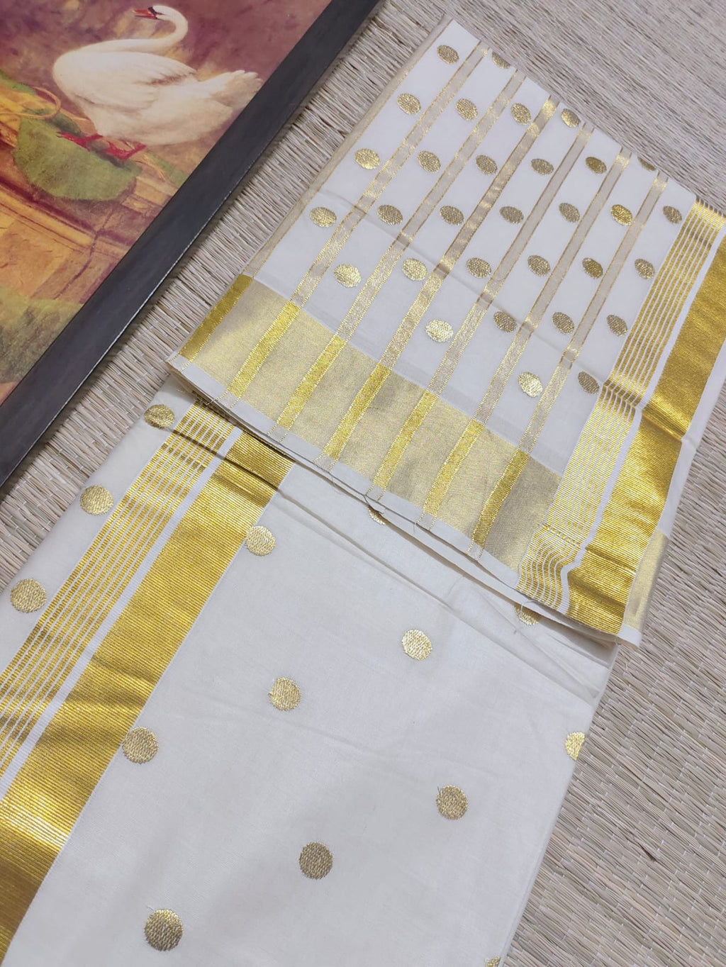Classic Kerala Kasavu Cotton Saree With Polka Embroidery–  Festive Wear
