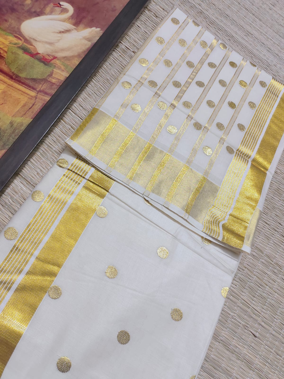 Classic Kerala Kasavu Cotton Saree With Polka Embroidery–  Festive Wear