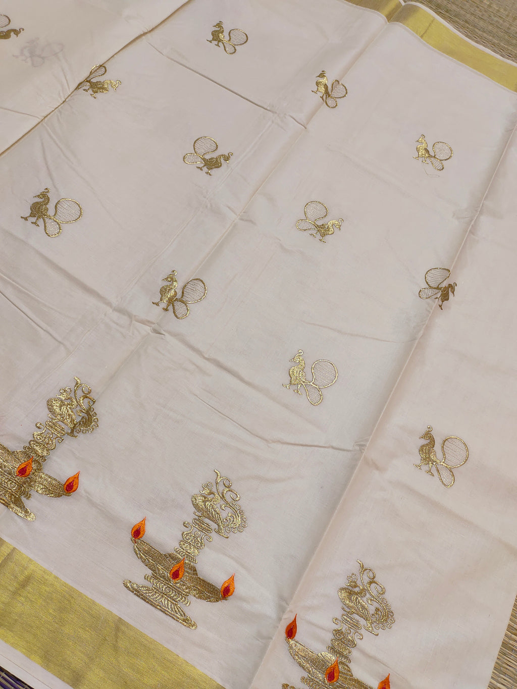 Premium Kerala Cotton Kasavu Saree With Embroidery