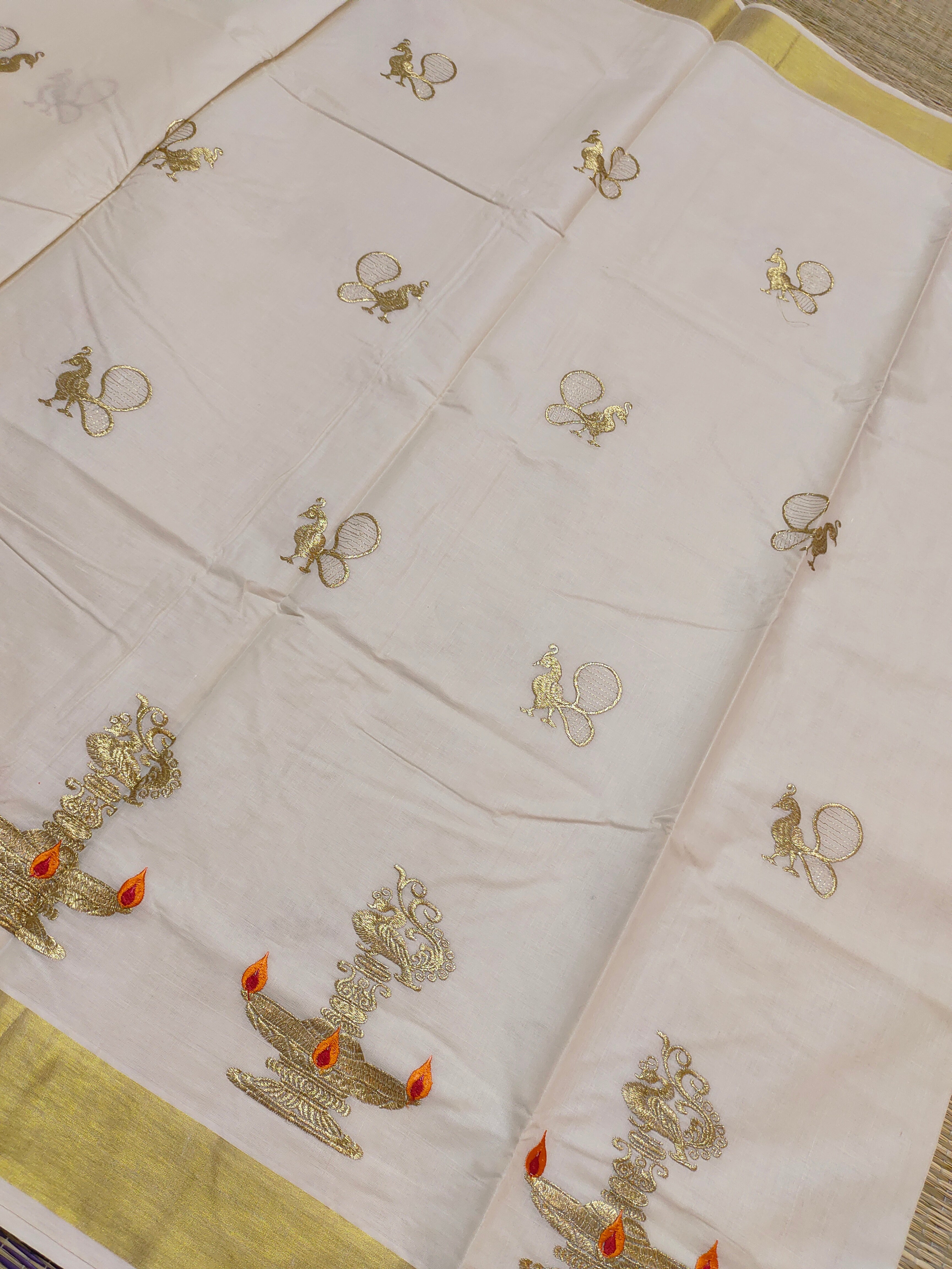 Premium Kerala Cotton Kasavu Saree With Embroidery