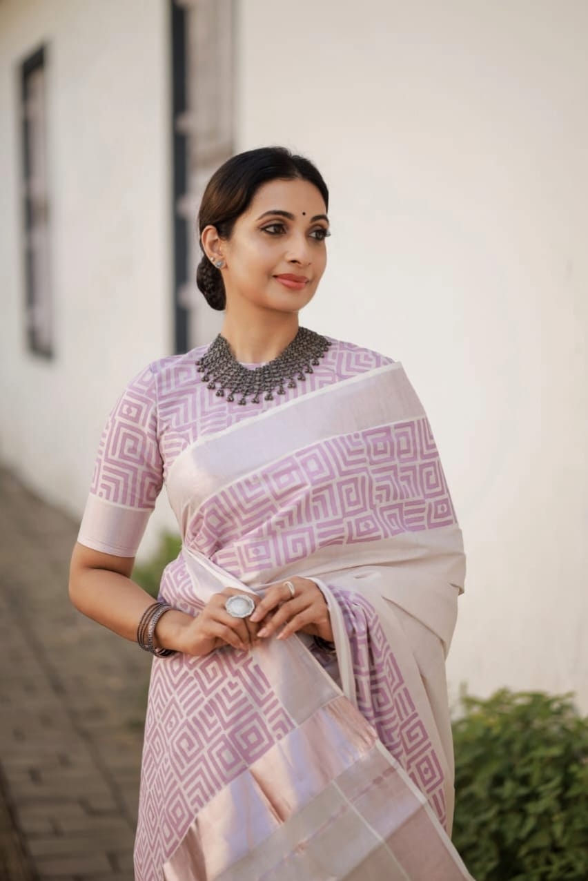 Designer Kerala Rose Gold Saree with Block Print