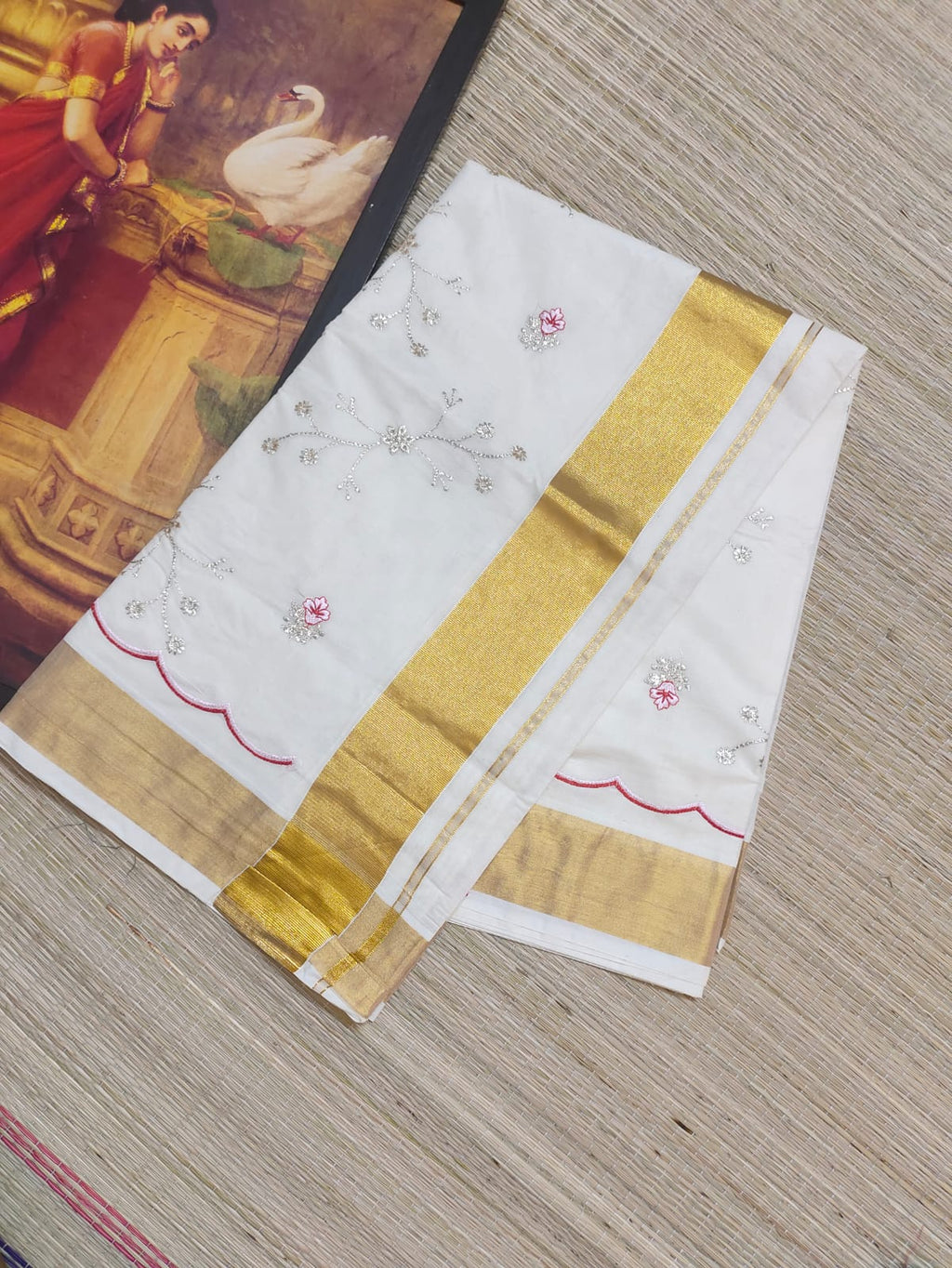 Elegant Pure Cotton Kerala Saree with Antique Zari & Scallop Embroidery