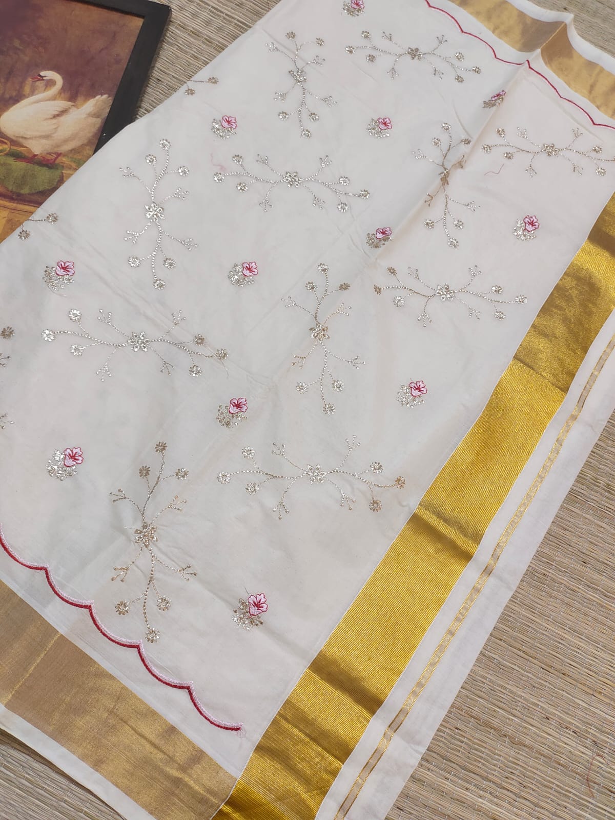 Elegant Pure Cotton Kerala Saree with Antique Zari & Scallop Embroidery