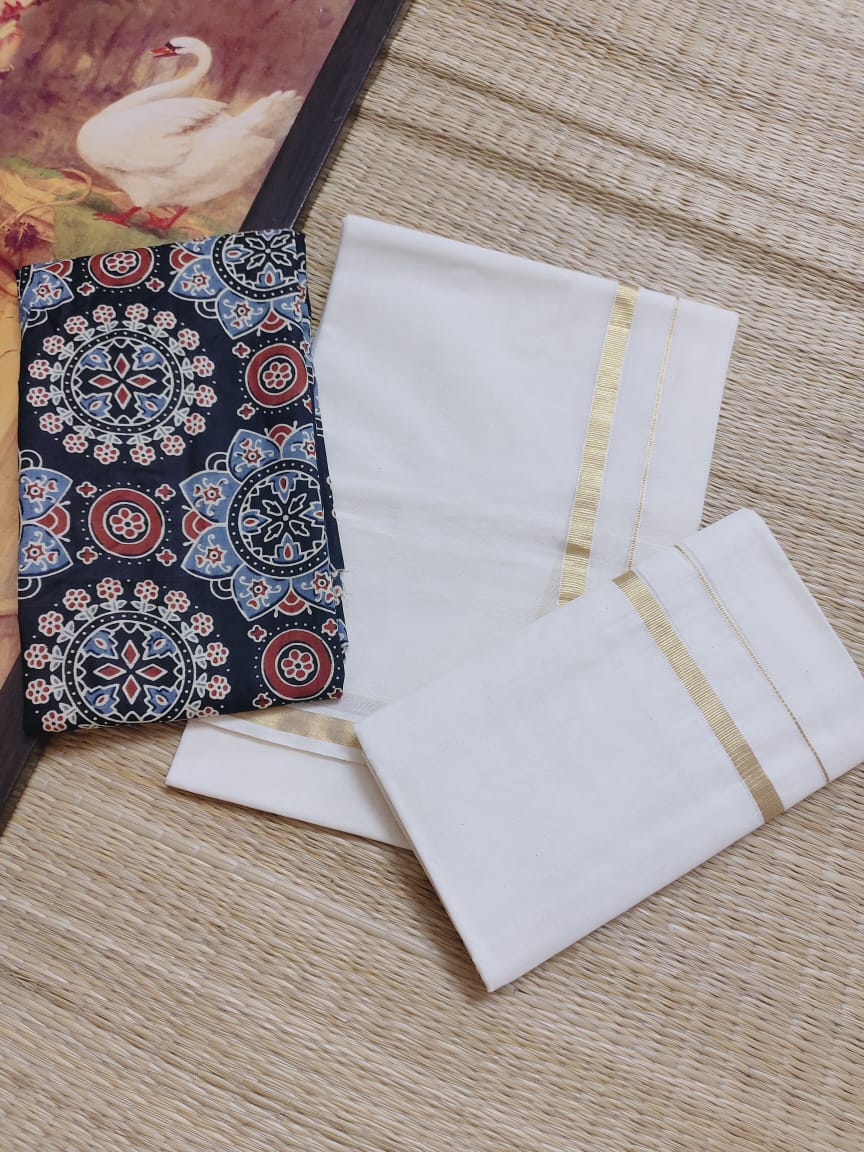 Original Kuthampully Golden Premium Puliyilakara Kasavu Settu Mundu with Ajrak Blouse