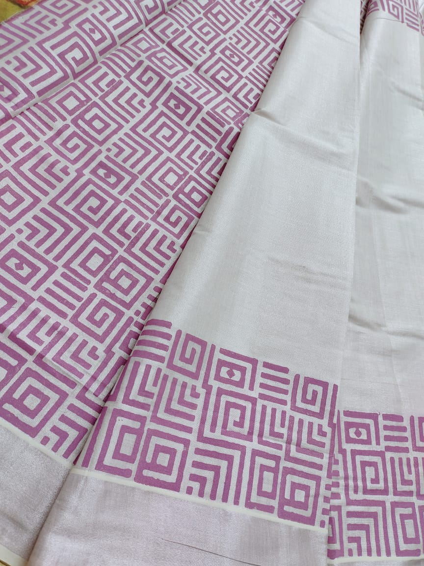 Designer Kerala Rose Gold Saree with Block Print