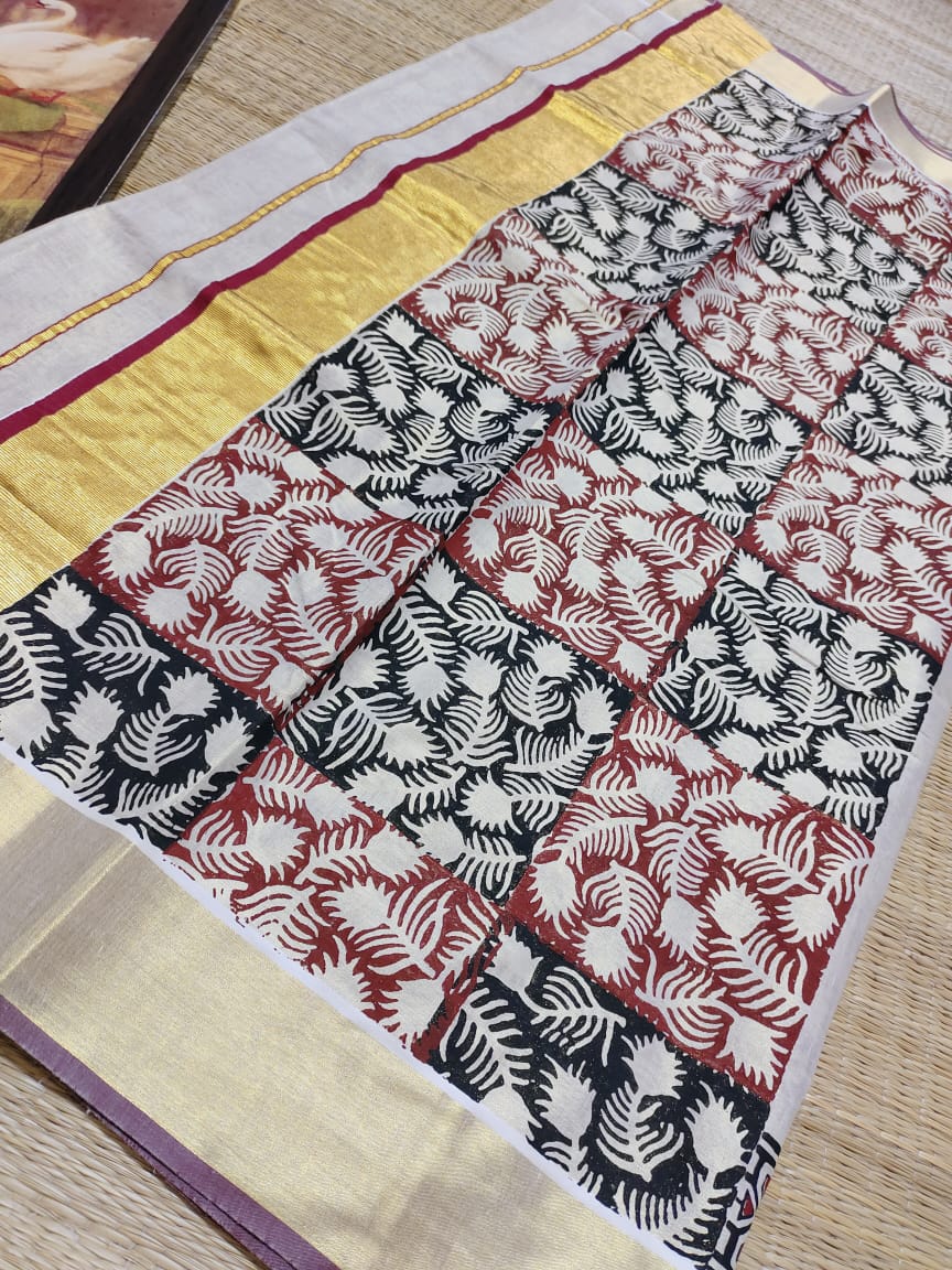 Premium Kerala Kasavu Sarees with Artistic Block Prints