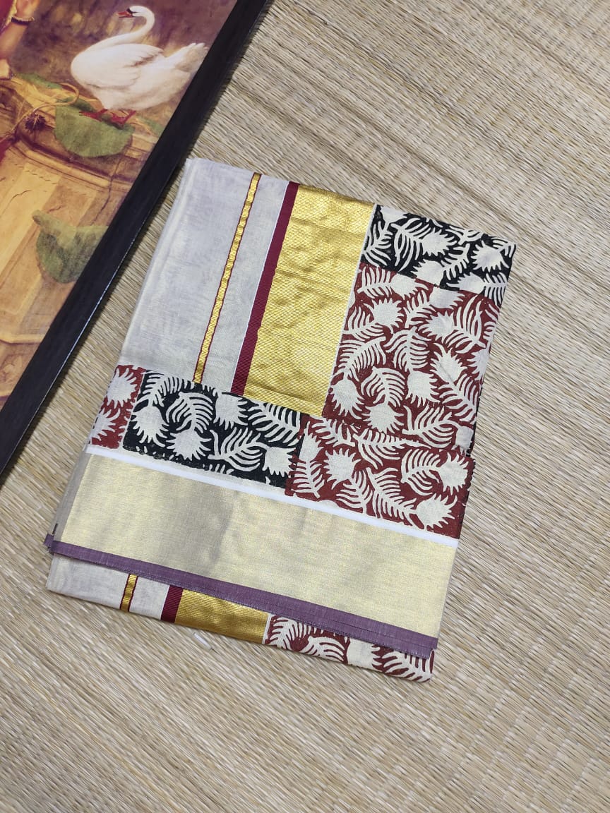 Premium Kerala Kasavu Sarees with Artistic Block Prints