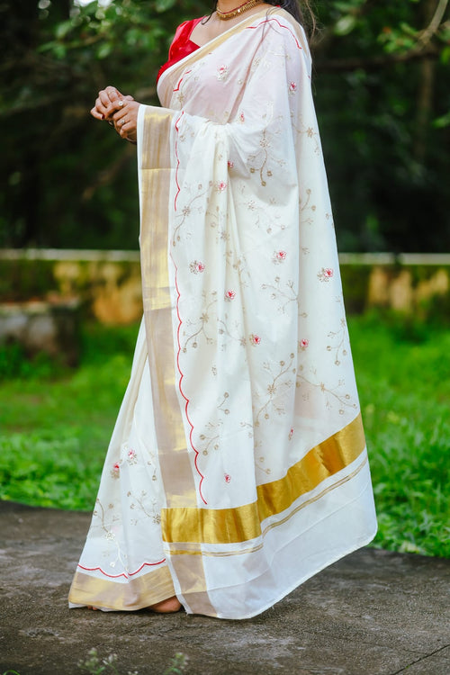 Elegant Pure Cotton Kerala Saree with Antique Zari & Scallop Embroidery