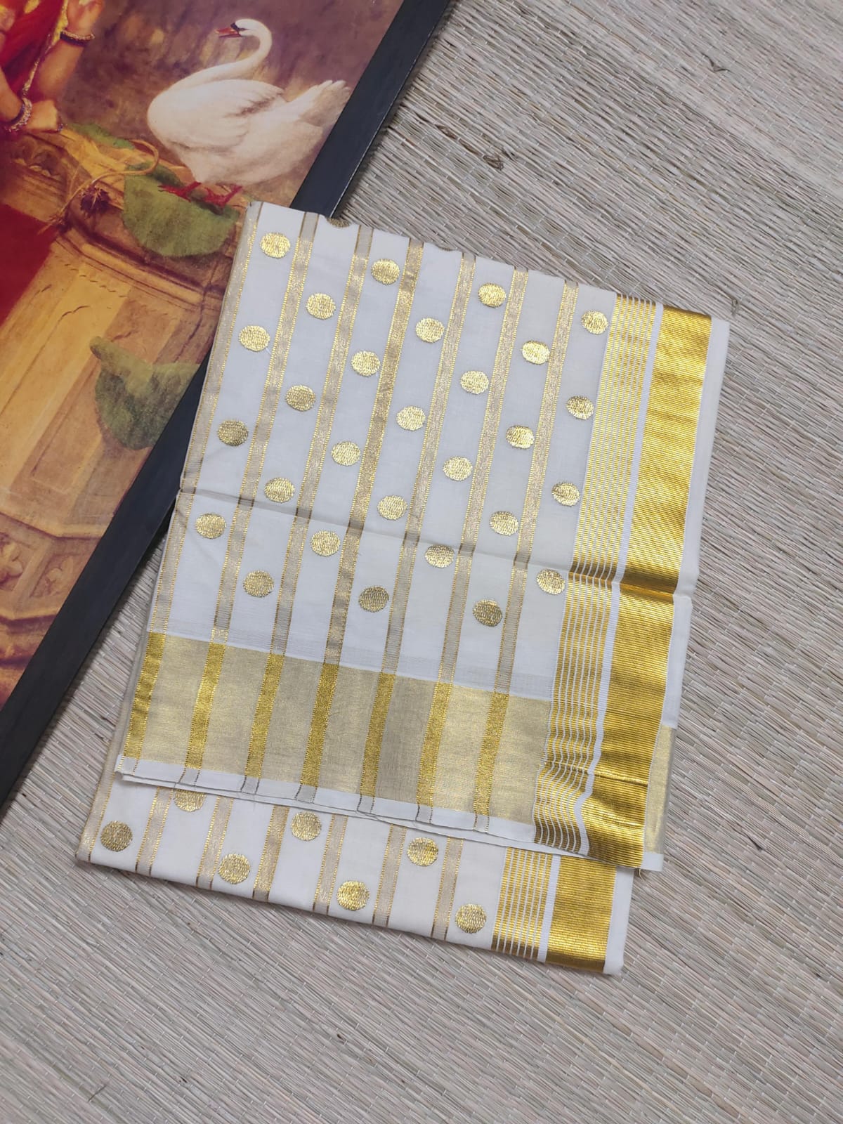 Classic Kerala Kasavu Cotton Saree With Polka Embroidery–  Festive Wear