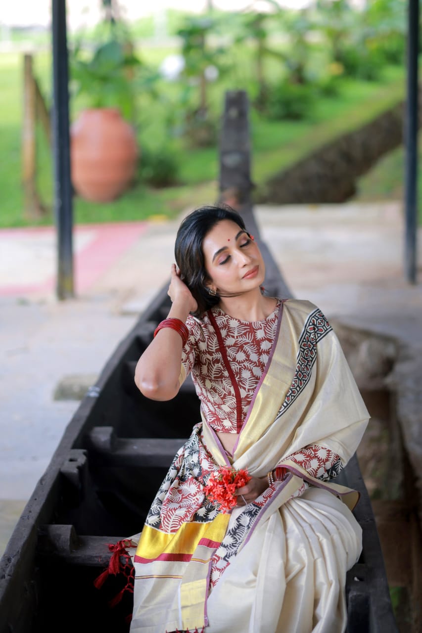 Premium Kerala Kasavu Sarees with Artistic Block Prints