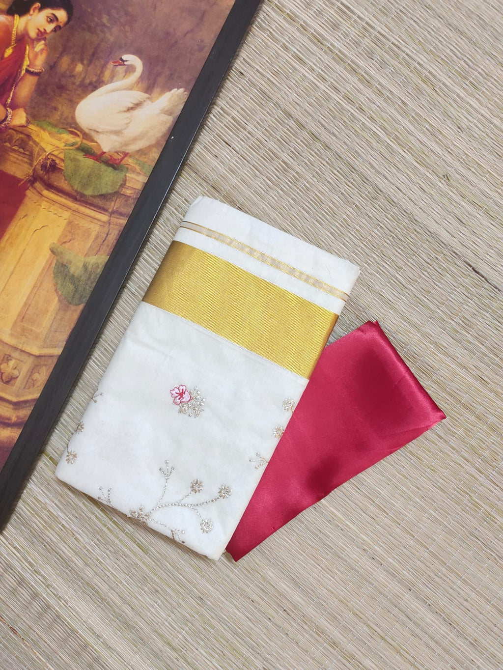 Elegant Pure Cotton Kerala Saree with Antique Zari & Scallop Embroidery