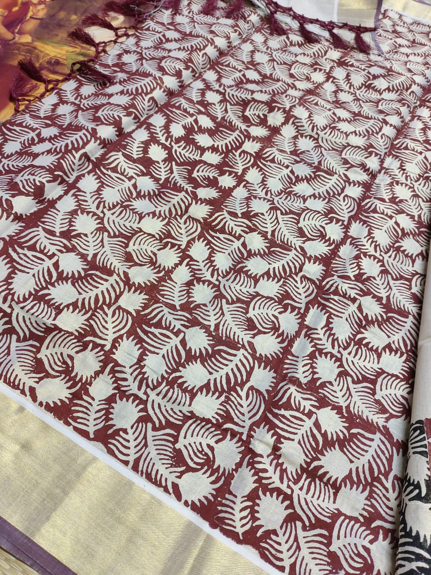Premium Kerala Kasavu Sarees with Artistic Block Prints