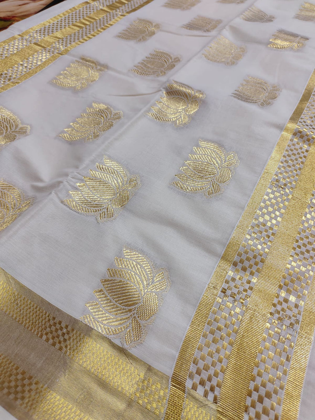Premium Lotus Weave Cotton Kasavu Saree