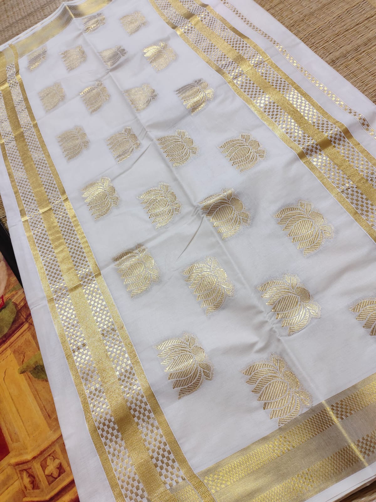 Premium Lotus Weave Cotton Kasavu Saree