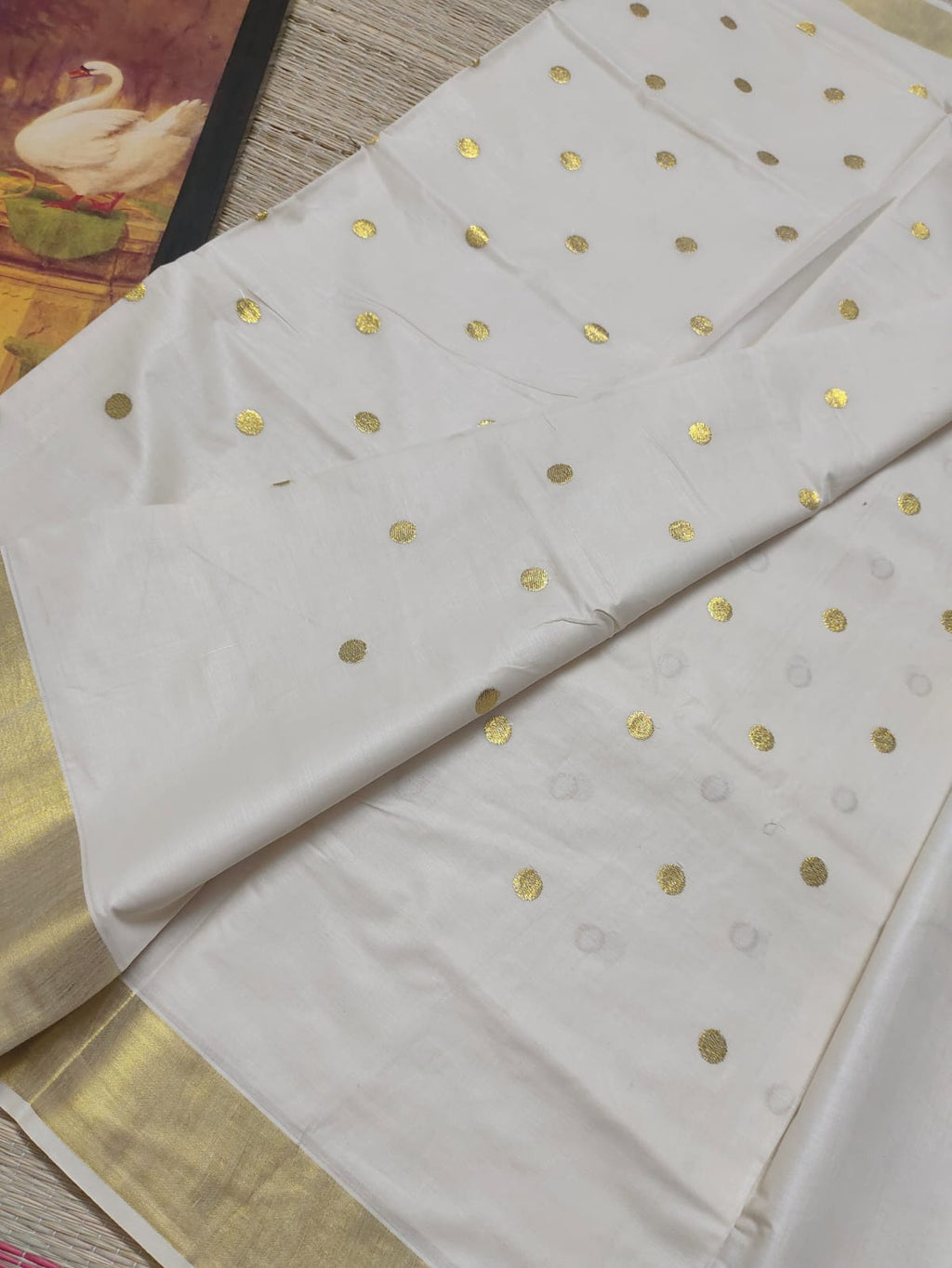 Classic Kerala Kasavu Cotton Saree With Polka Embroidery–  Festive Wear