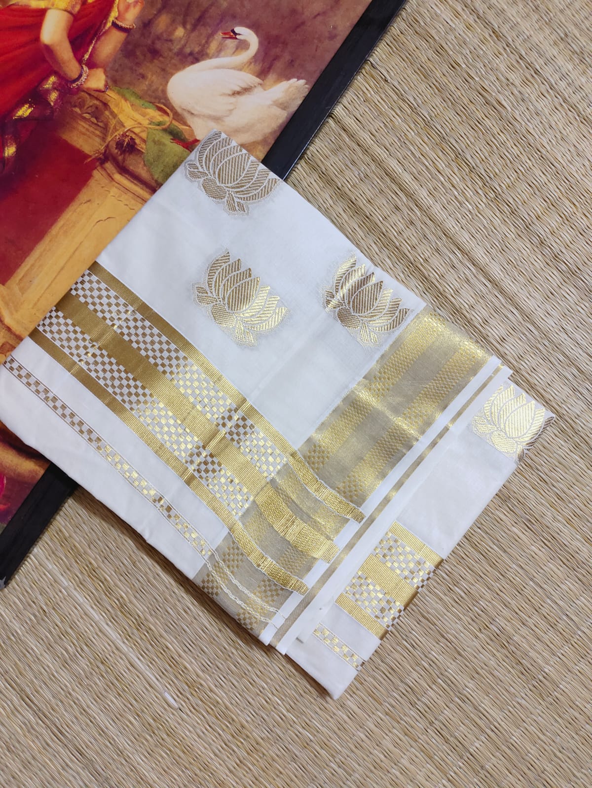 Premium Lotus Weave Cotton Kasavu Saree