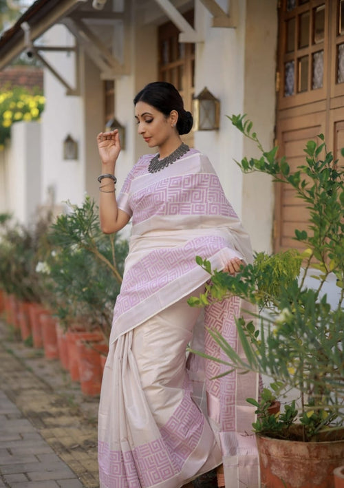 Designer Kerala Rose Gold Saree with Block Print