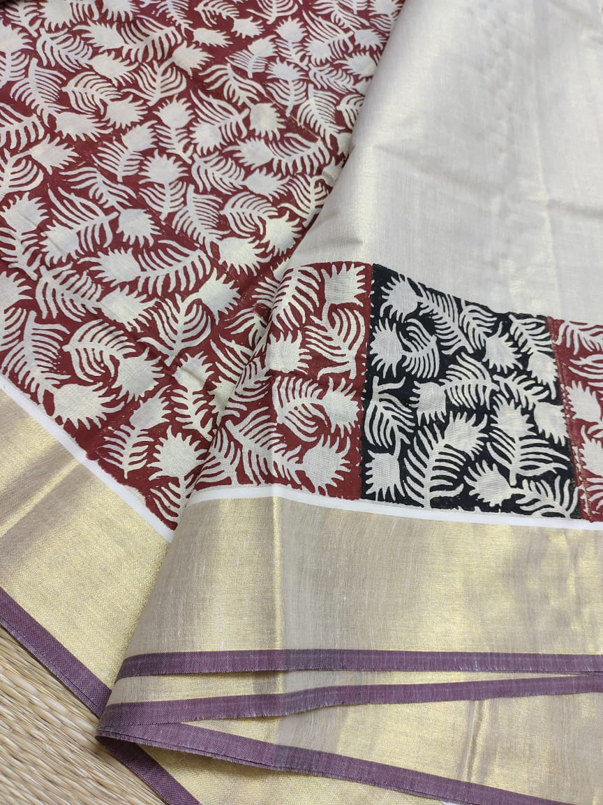 Premium Kerala Kasavu Sarees with Artistic Block Prints