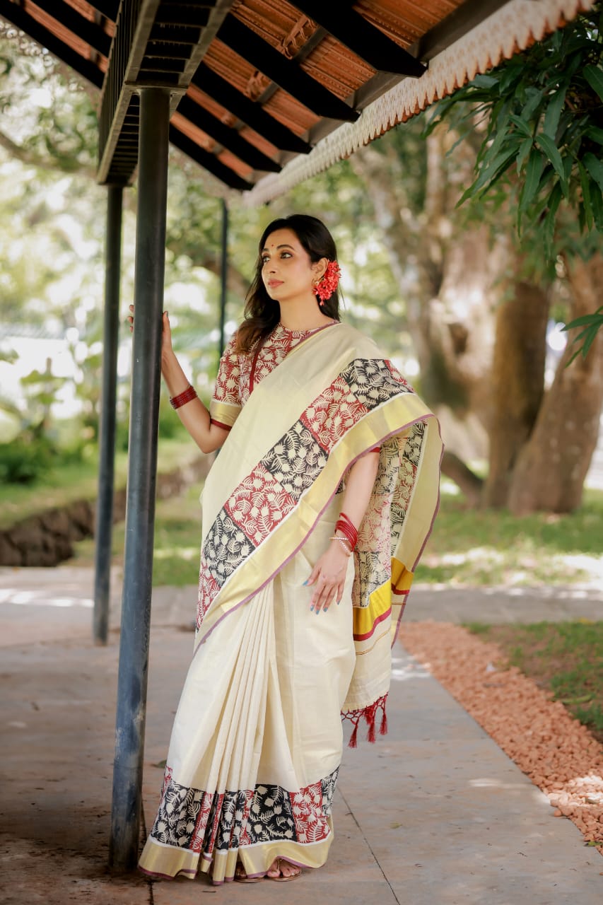 Premium Kerala Kasavu Sarees with Artistic Block Prints