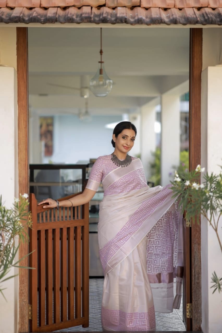 Designer Kerala Rose Gold Saree with Block Print