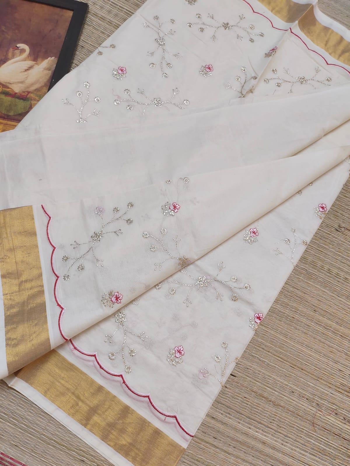 Elegant Pure Cotton Kerala Saree with Antique Zari & Scallop Embroidery