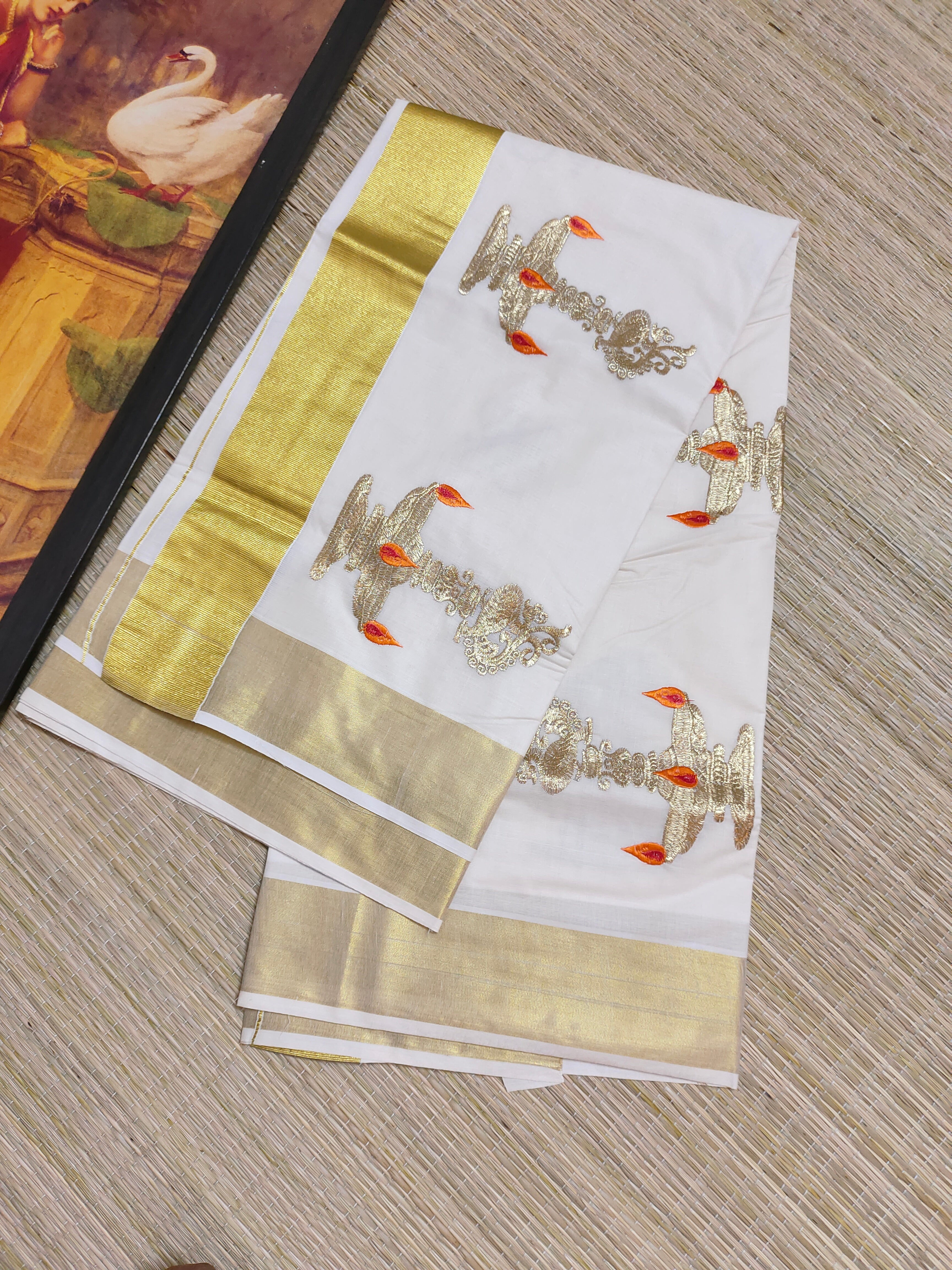 Premium Kerala Cotton Kasavu Saree With Embroidery