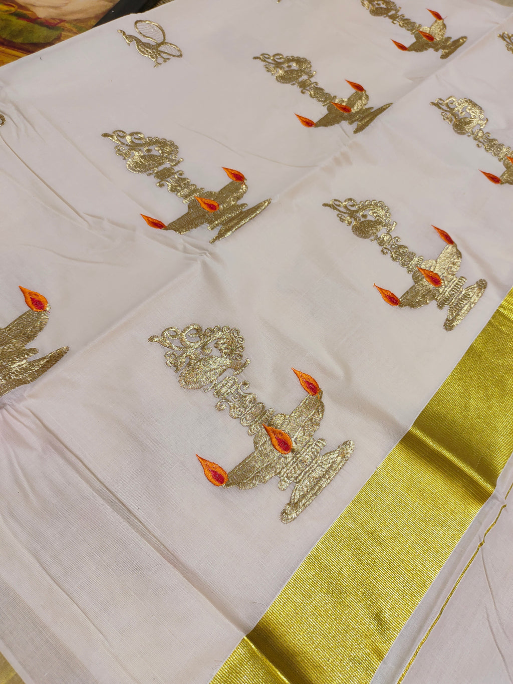 Premium Kerala Cotton Kasavu Saree With Embroidery