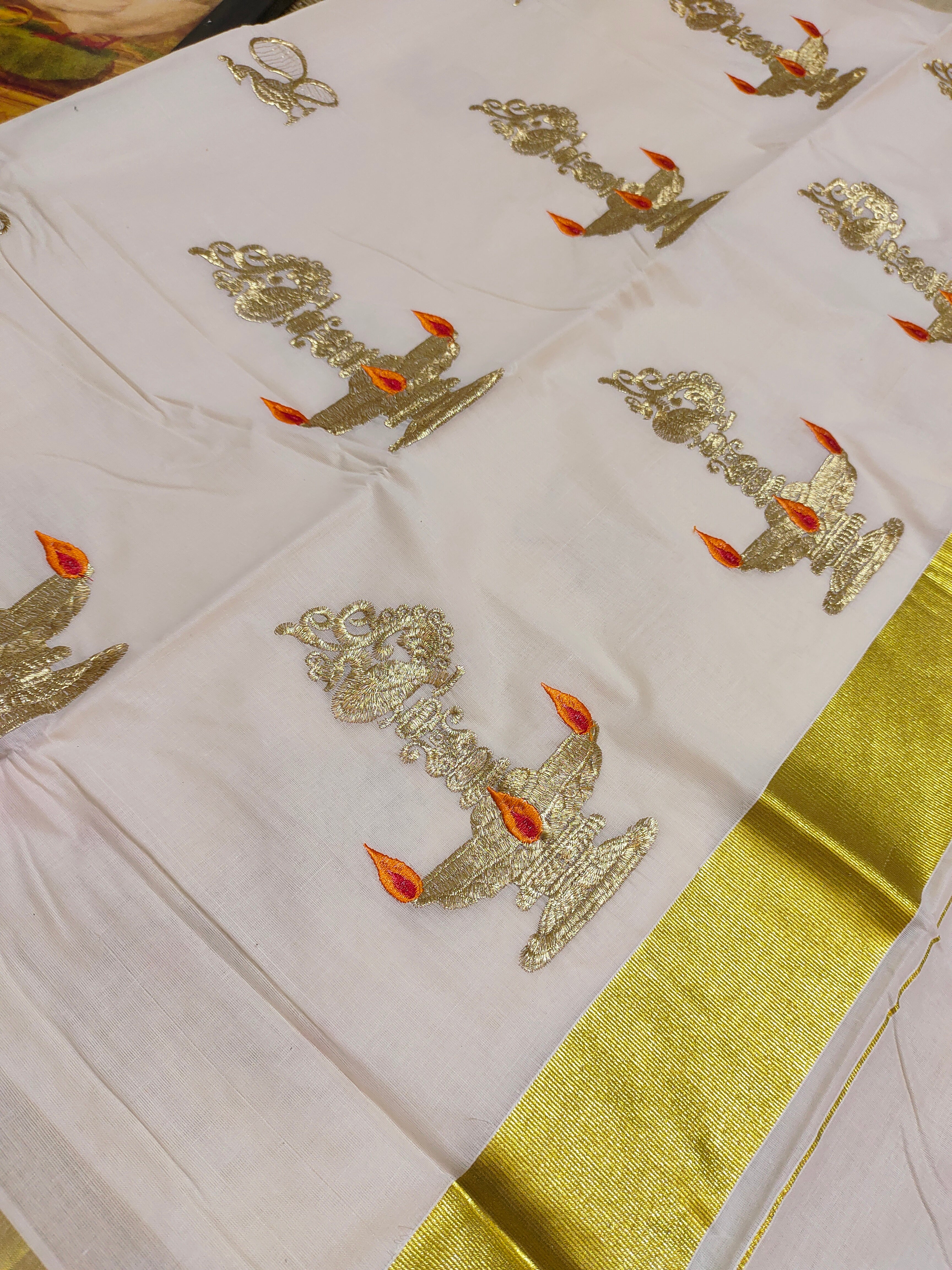 Premium Kerala Cotton Kasavu Saree With Embroidery