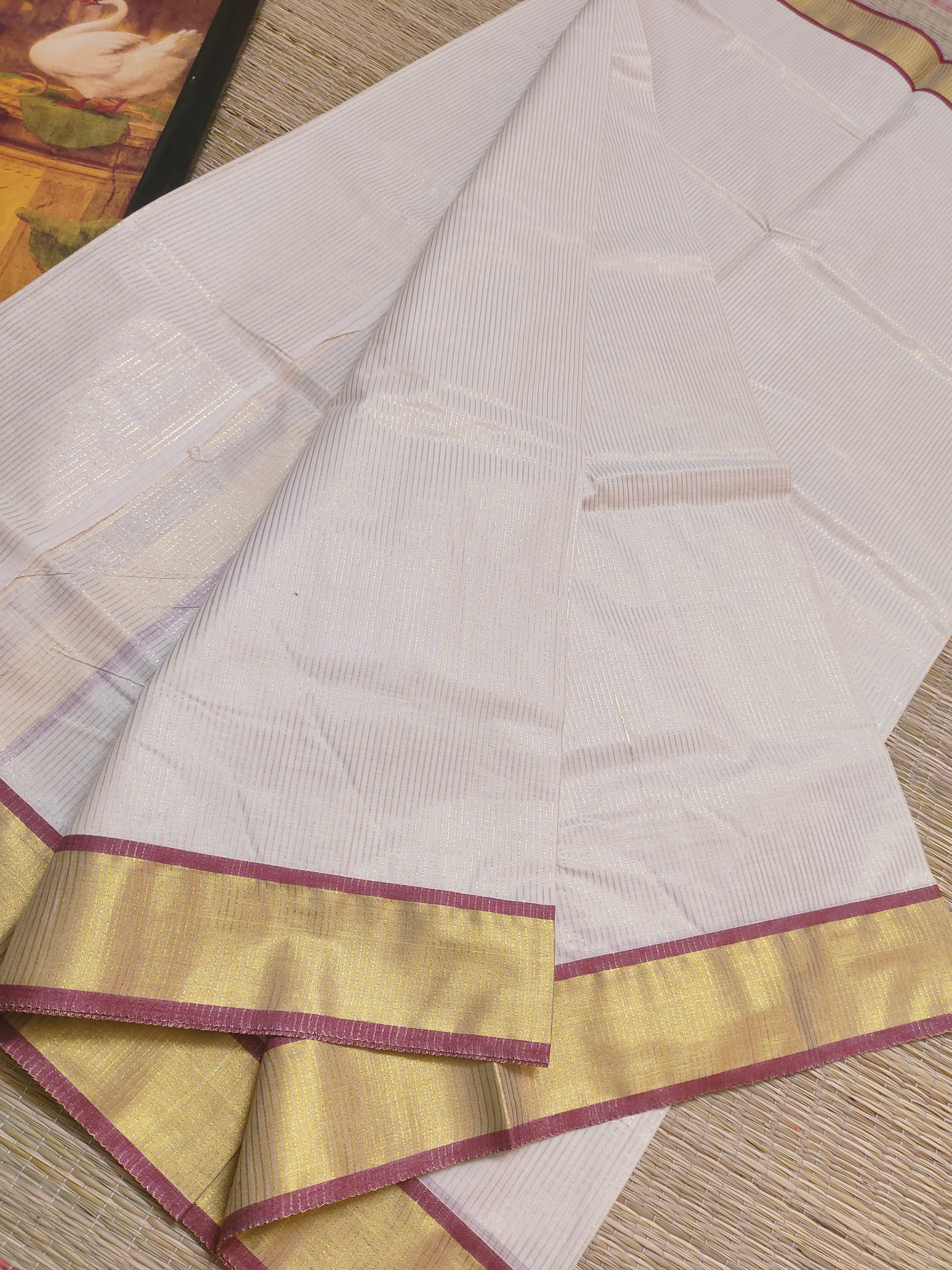 Traditional Kerala Cotton Saree with Elegant Zari Border