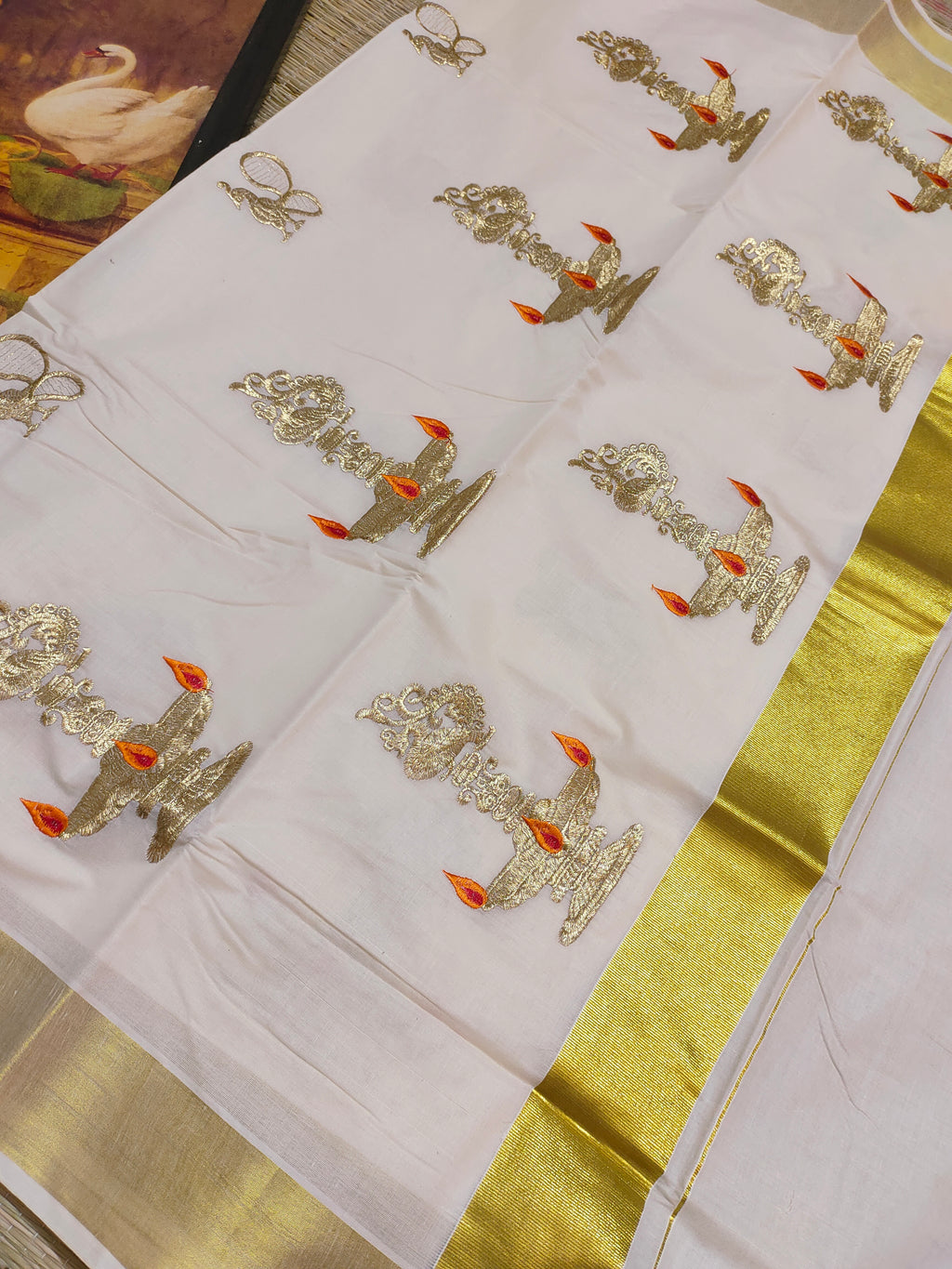 Premium Kerala Cotton Kasavu Saree With Embroidery
