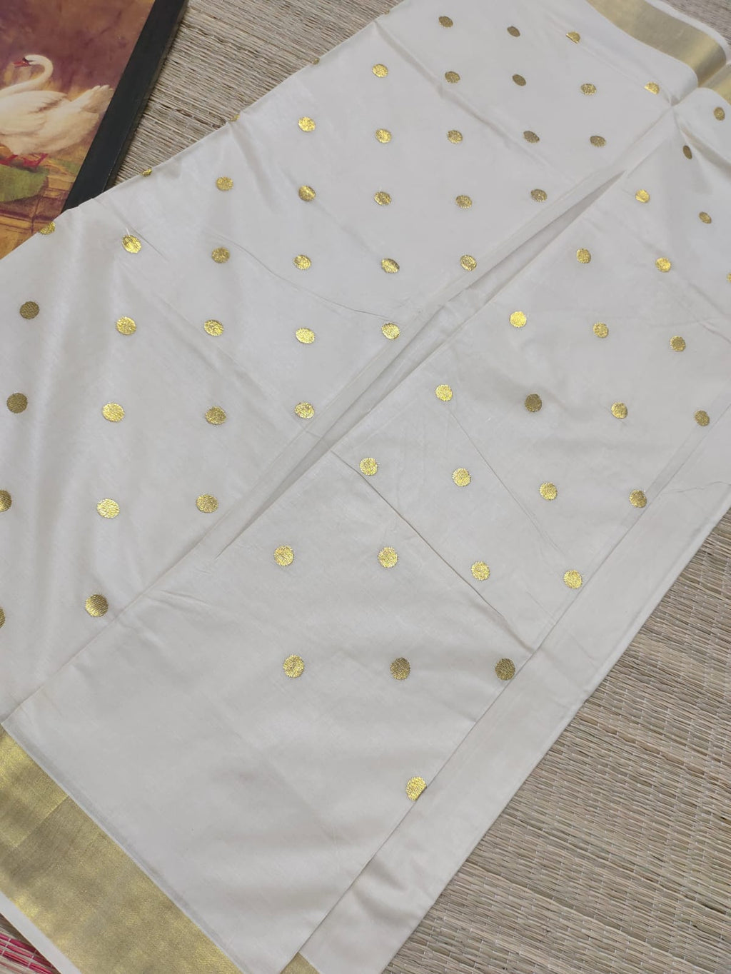 Classic Kerala Kasavu Cotton Saree With Polka Embroidery–  Festive Wear